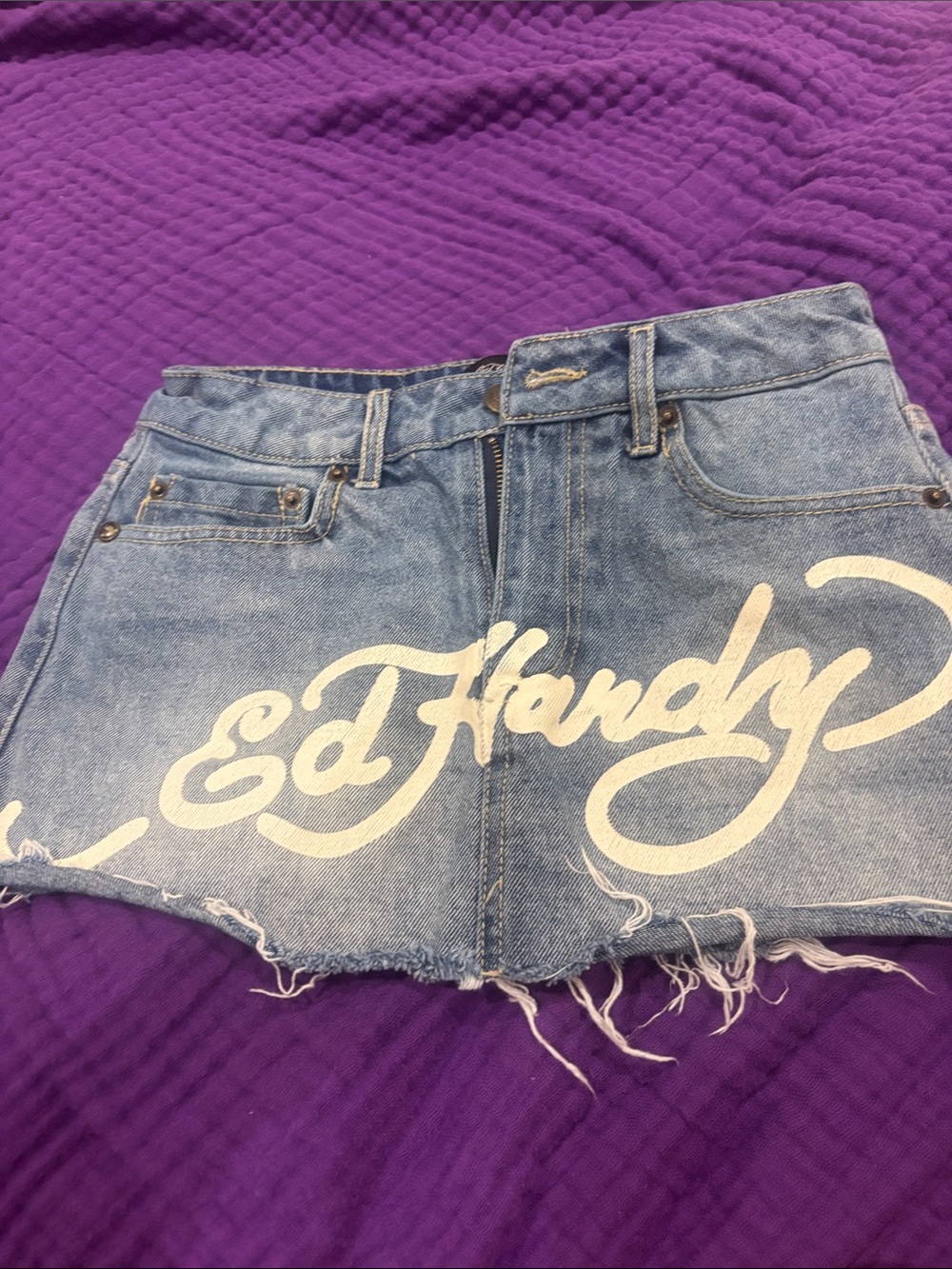 Ed Hardy Blue Denim Mini Skirt with White Script
